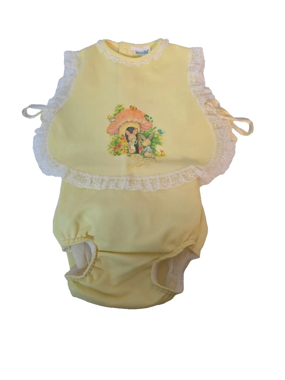 Vintage Nannette Baby Girl Bib Smock Bloomers Yellow Rabbit Mushroom Graphic 2pc